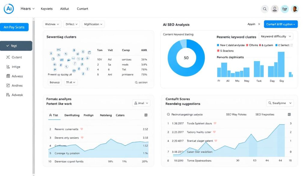 AI SEO tool interface showing keyword analysis and content optimization recommendations AI SEO tool interface showing keyword analysis and content optimization recommendations