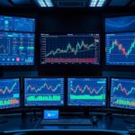AI analyzing financial market data with multiple screens showing trading patterns and future of trading technology visualizations