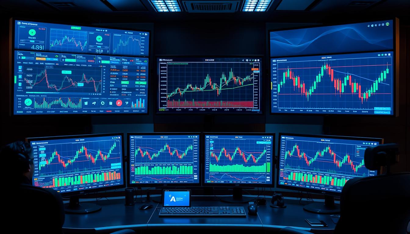 AI analyzing financial market data with multiple screens showing trading patterns and future of trading technology visualizations