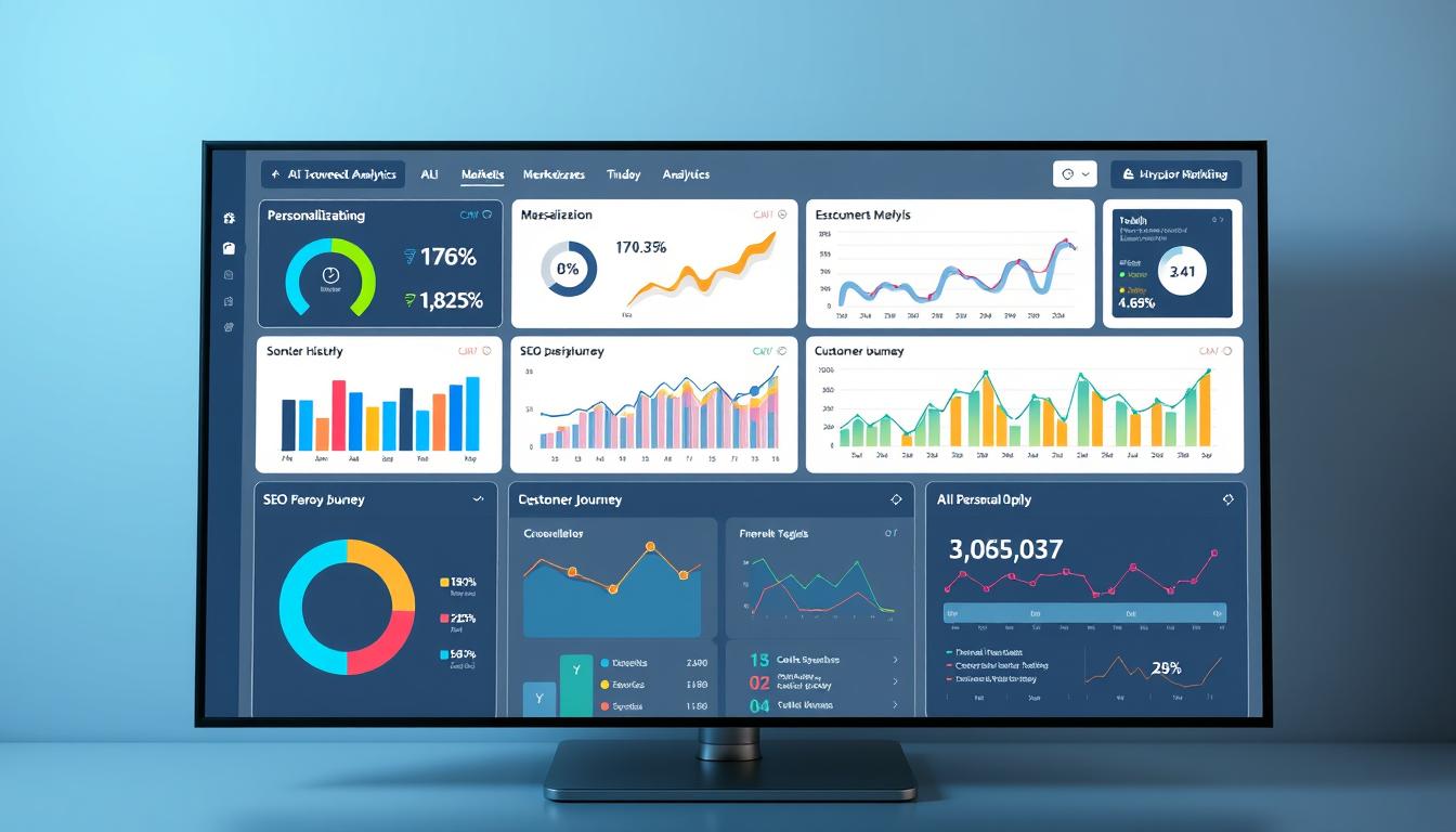 AI in Marketing dashboard showing personalization, SEO, and analytics metrics