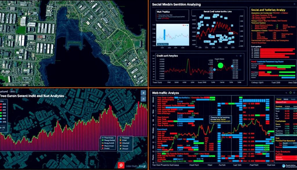 Alternative data analysis showing satellite imagery and social media sentiment for future of trading technology applications