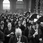 Black Thursday 1929 stock market crash showing panicked traders on NYSE floor