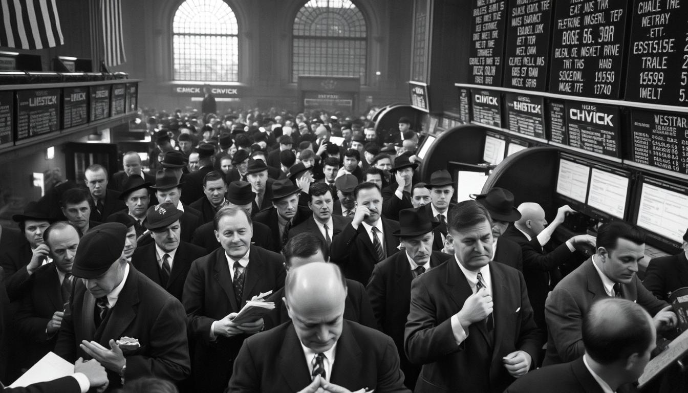Black Thursday 1929 stock market crash showing panicked traders on NYSE floor