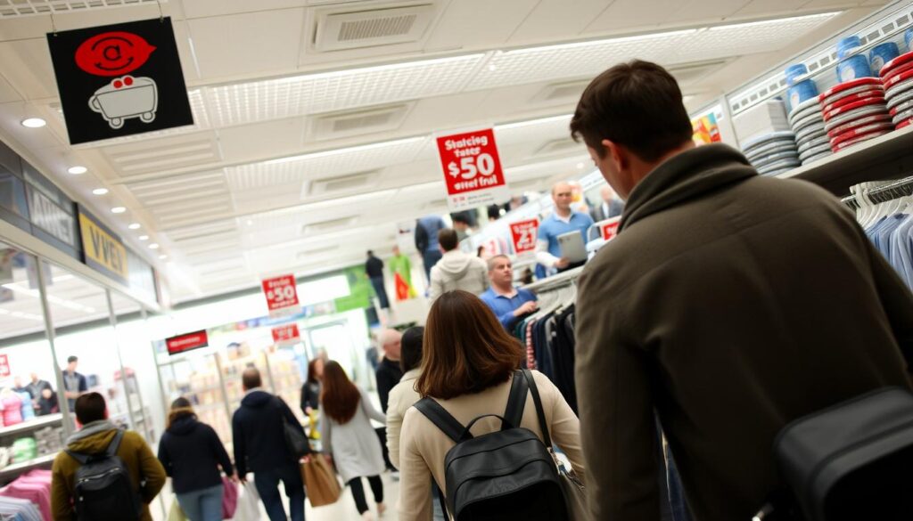 Busy discount retail store with shoppers during recession Busy discount retail store with shoppers during recession