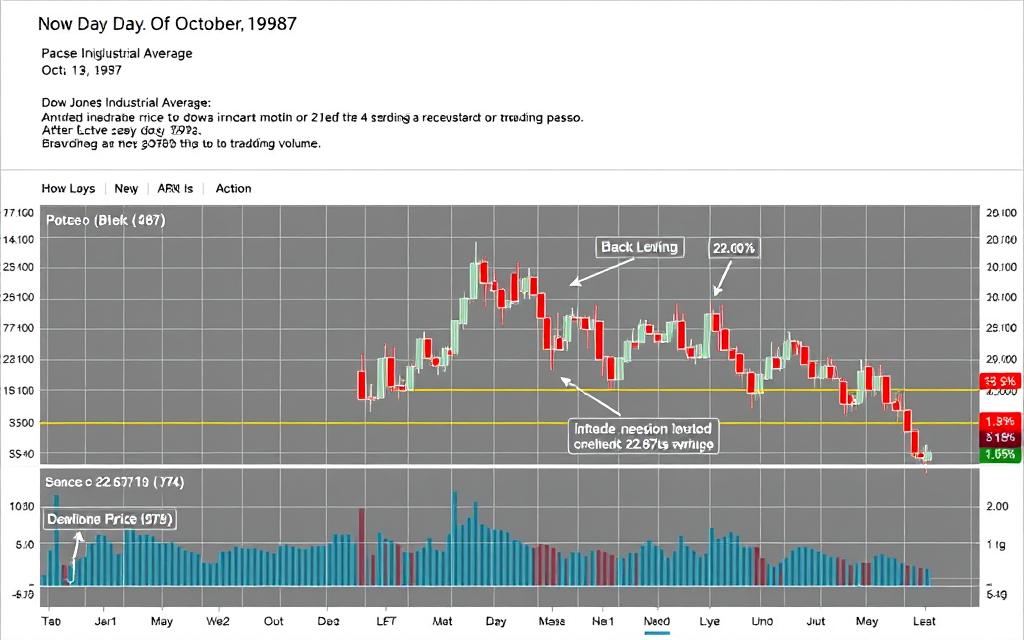 Chart showing the dramatic one-day 22.6% drop in the Dow Jones during Black Monday 1987 Chart showing the dramatic one-day 22.6% drop in the Dow Jones during Black Monday 1987