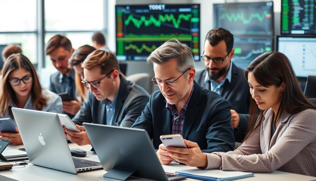 Diverse group of traders using advanced technology representing the inclusive future of trading technology
