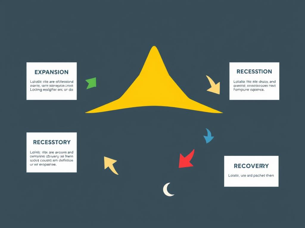Economic cycle diagram showing expansion, peak, recession and recovery phases Economic cycle diagram showing expansion, peak, recession and recovery phases