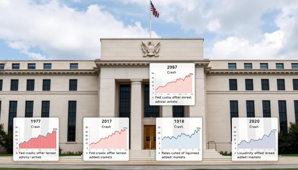 Federal Reserve building with charts showing interest rate cuts after market crashes Federal Reserve building with charts showing interest rate cuts after market crashes