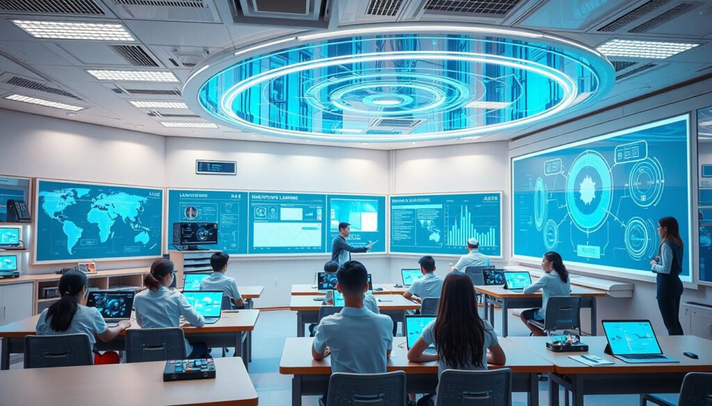 Futuristic classroom with advanced artificial intelligence in education technology Futuristic classroom with advanced artificial intelligence in education technology