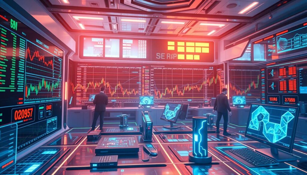 Futuristic trading environment showing emerging technologies in the future of trading technology landscape