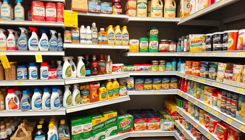 Grocery store shelves stocked with consumer staples products during recession Grocery store shelves stocked with consumer staples products during recession