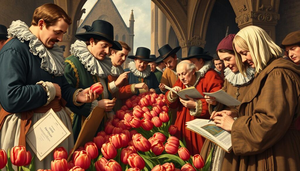 Historical illustration of Tulip Mania in 17th century Netherlands Historical illustration of Tulip Mania in 17th century Netherlands