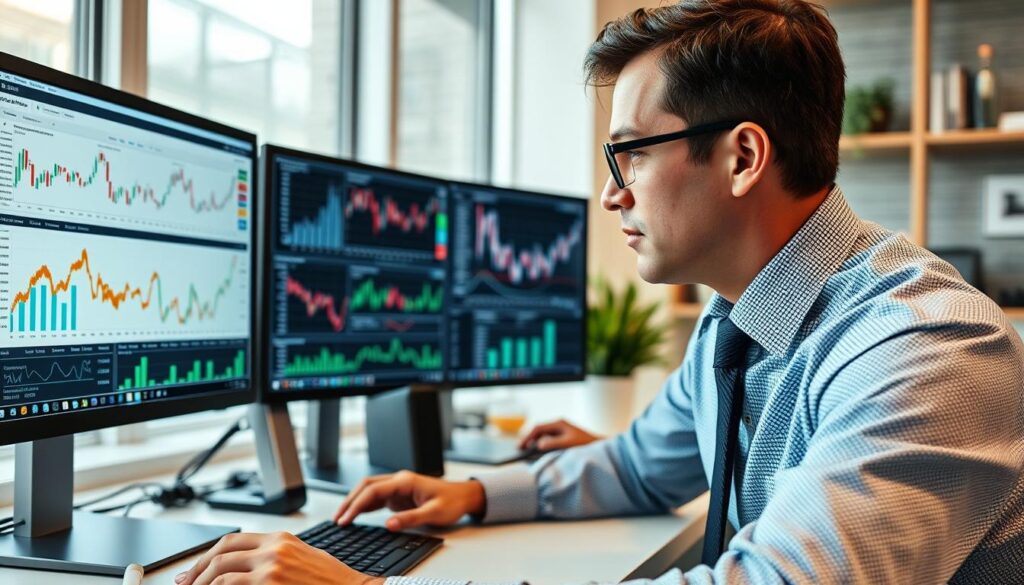 Investor analyzing diversified portfolio during recession Investor analyzing diversified portfolio during recession