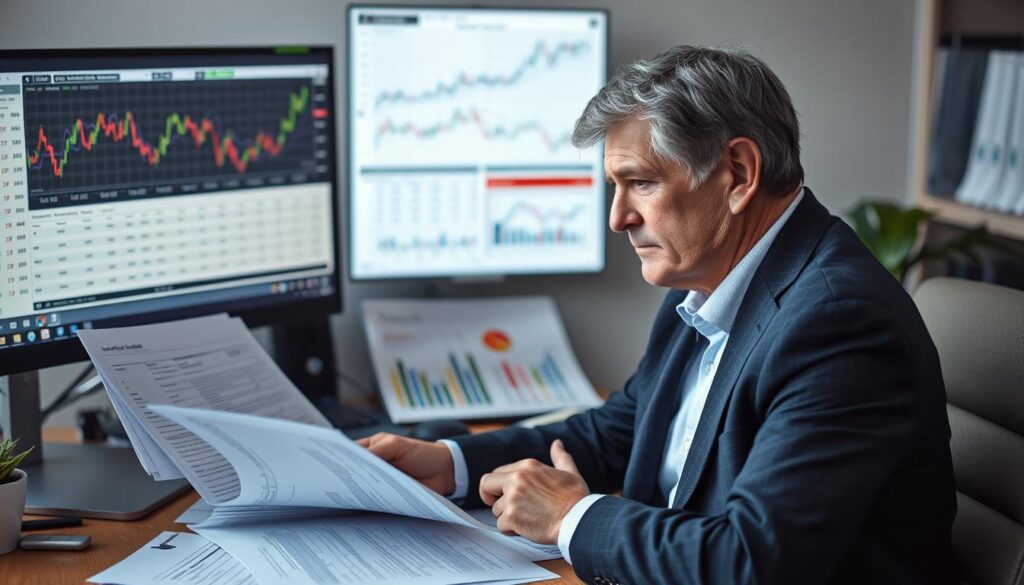 Investor reviewing portfolio during market volatility Investor reviewing portfolio during market volatility