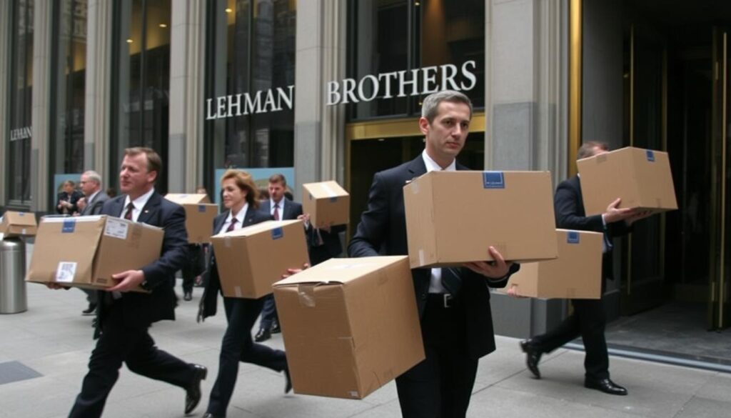 Lehman Brothers employees leaving headquarters with boxes during 2008 financial crisis Lehman Brothers employees leaving headquarters with boxes during 2008 financial crisis