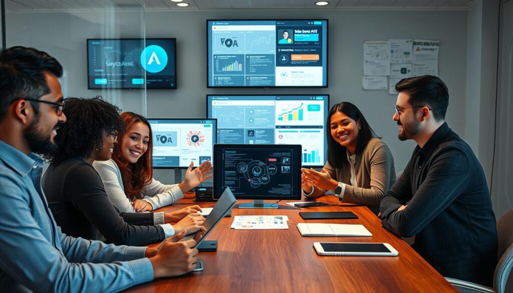 Marketers collaborating with AI tools to create innovative marketing campaigns Marketers collaborating with AI tools to create innovative marketing campaigns