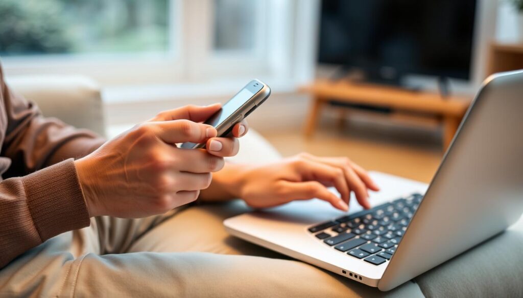 Person using smartphone and laptop showing communication services during recession Person using smartphone and laptop showing communication services during recession