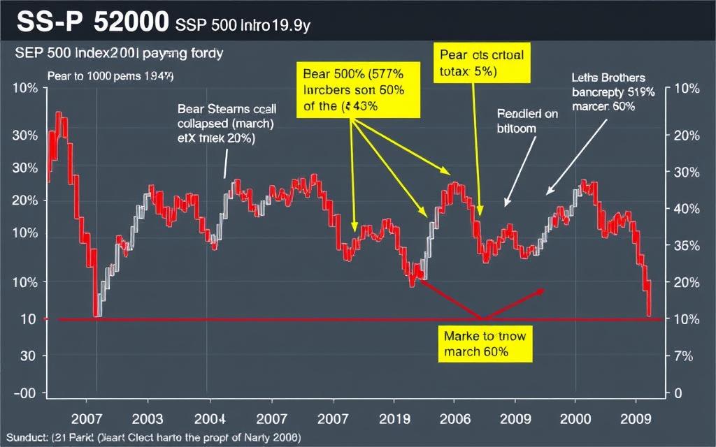 S&P 500 chart showing the 2007-2009 market collapse during the financial crisis S&P 500 chart showing the 2007-2009 market collapse during the financial crisis