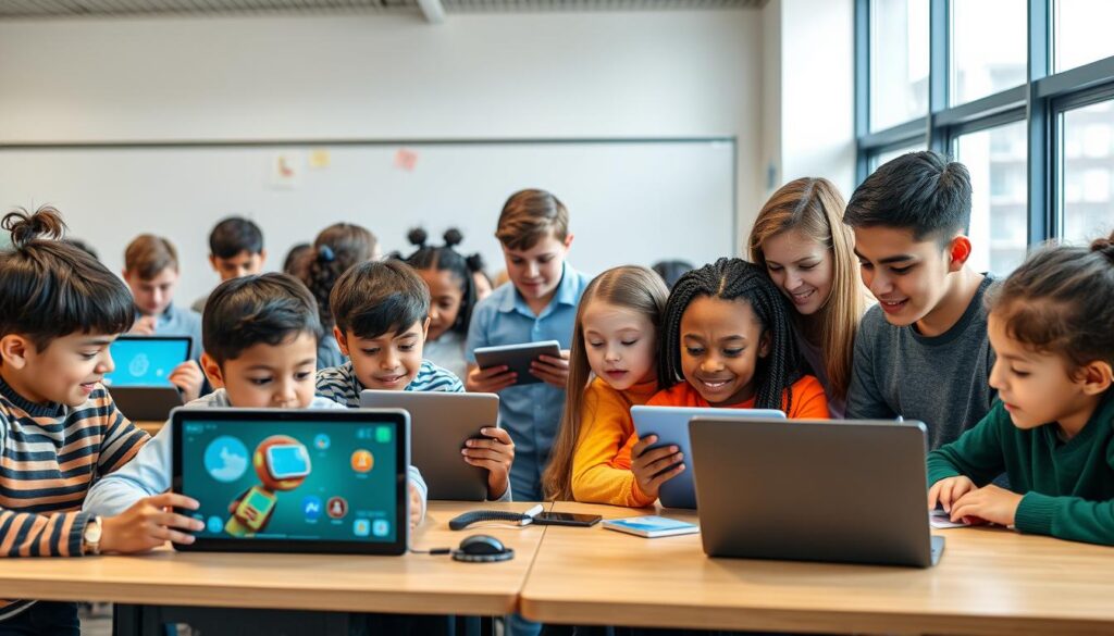 Students using artificial intelligence in education applications in a classroom Students using artificial intelligence in education applications in a classroom
