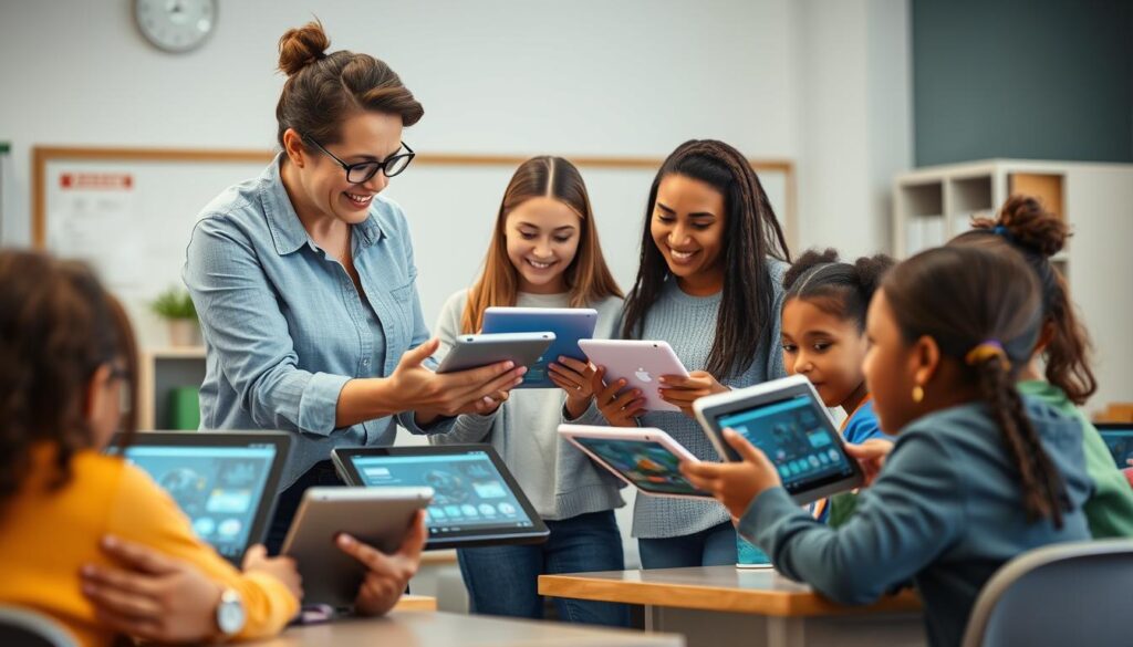 Teacher and students collaborating with artificial intelligence in education tools Teacher and students collaborating with artificial intelligence in education tools