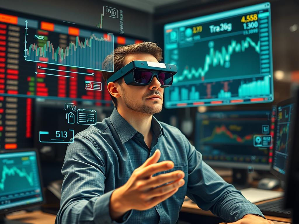 Trader using augmented reality interface to visualize market data in the future of trading technology