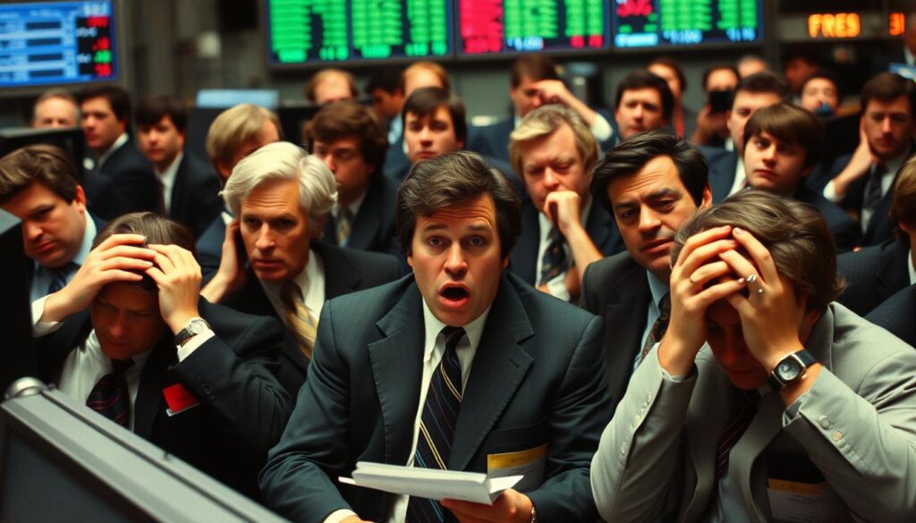 Traders reacting to Black Monday 1987 stock market crash on trading floor Traders reacting to Black Monday 1987 stock market crash on trading floor