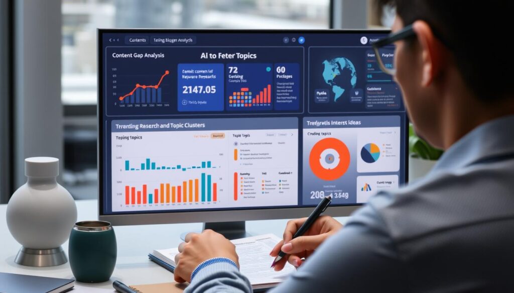 AI-assisted blog topic research showing content gap analysis and keyword research AI-assisted blog topic research showing content gap analysis and keyword research