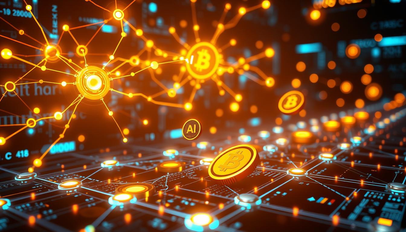 AI-powered cryptocurrency trading visualization showing neural networks analyzing market data