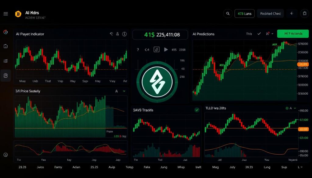 AI trading dashboard showing cryptocurrency price charts with predictive indicators and automated trading signals AI trading dashboard showing cryptocurrency price charts with predictive indicators and automated trading signals