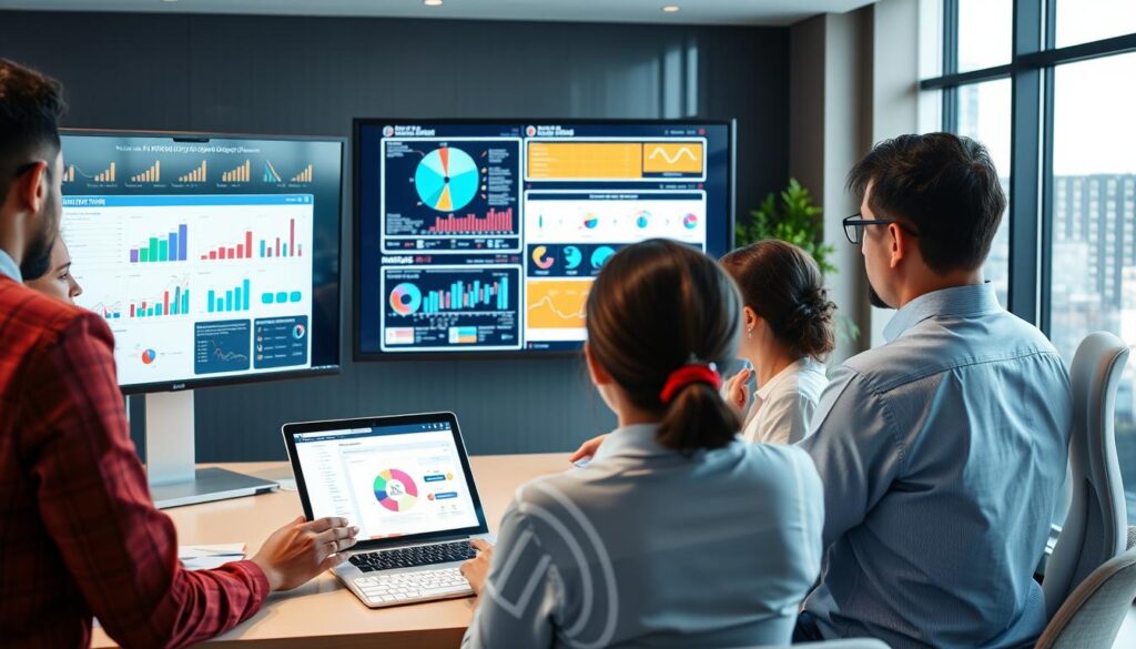 Business professionals analyzing AI implementation strategy with data visualizations Business professionals analyzing AI implementation strategy with data visualizations