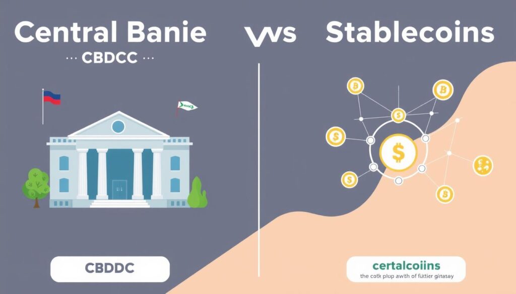Central Bank Digital Currencies and stablecoins comparison showing their roles in the financial ecosystem Central Bank Digital Currencies and stablecoins comparison showing their roles in the financial ecosystem