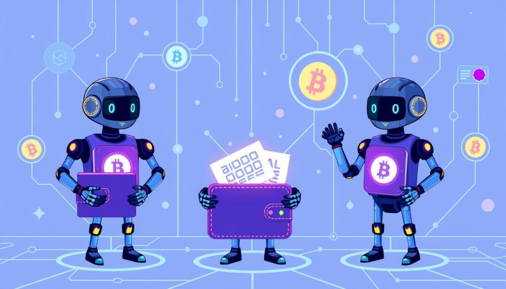 Conceptual illustration of AI agents interacting with blockchain networks through crypto wallets Conceptual illustration of AI agents interacting with blockchain networks through crypto wallets