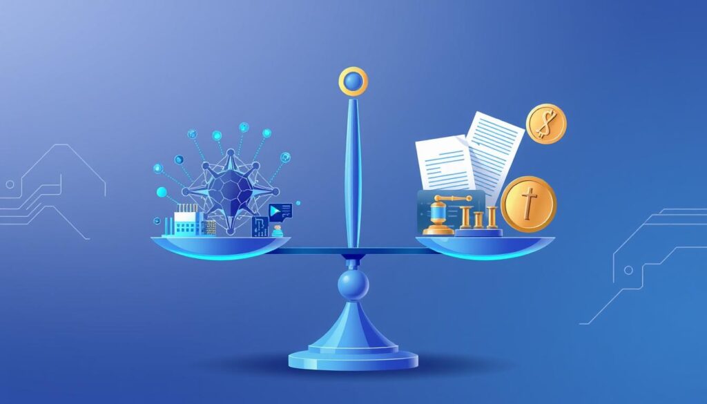 Conceptual illustration showing the balance between innovation and regulation at the AI and crypto intersection Conceptual illustration showing the balance between innovation and regulation at the AI and crypto intersection
