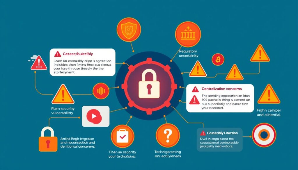 Conceptual illustration showing the challenges and risks of AI-crypto integration including security vulnerabilities, regulatory uncertainty, and technical limitations Conceptual illustration showing the challenges and risks of AI-crypto integration including security vulnerabilities, regulatory uncertainty, and technical limitations