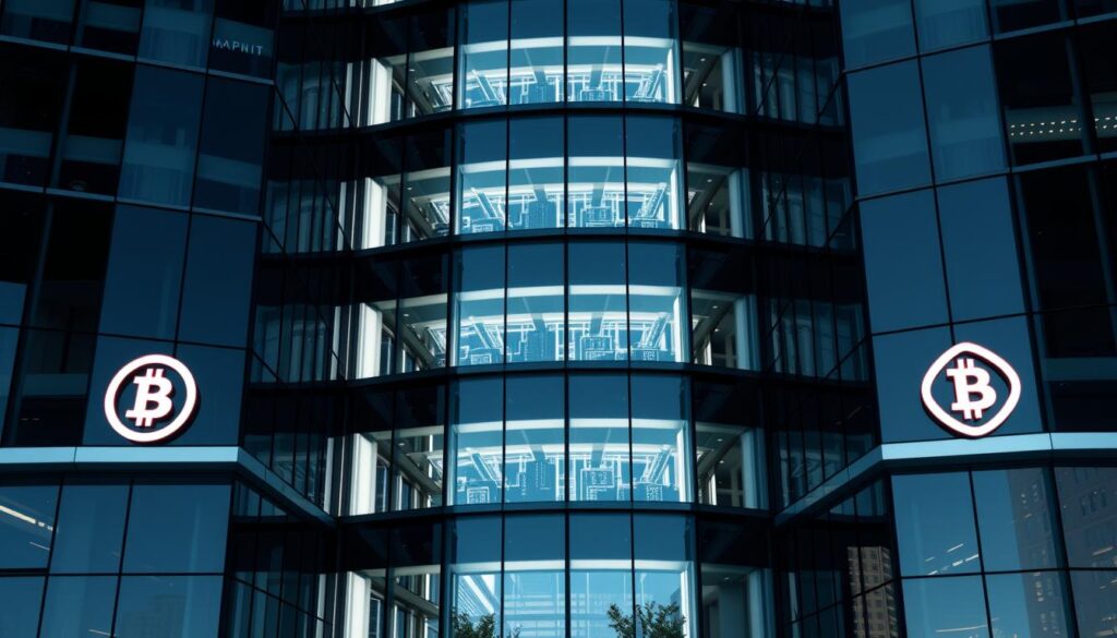 Corporate buildings with cryptocurrency logos showing institutional adoption of digital assets Corporate buildings with cryptocurrency logos showing institutional adoption of digital assets
