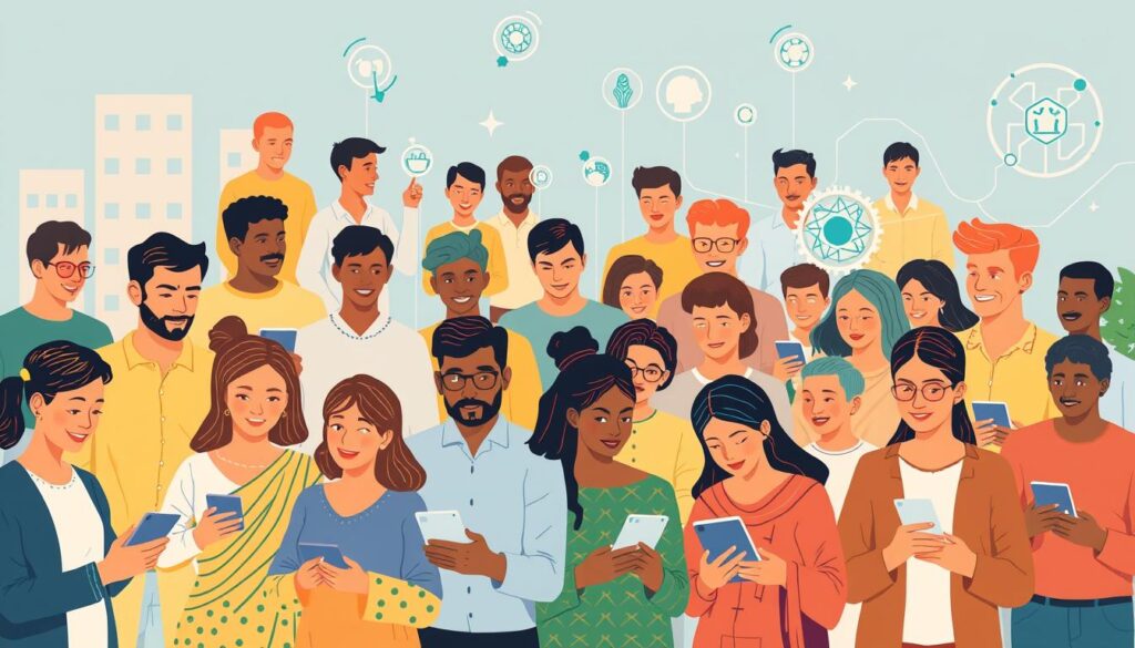 Diverse group of people interacting with AI and blockchain technology through accessible interfaces Diverse group of people interacting with AI and blockchain technology through accessible interfaces