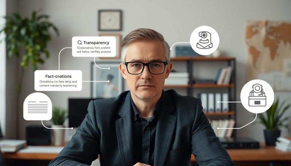 Ethical AI content creation showing transparency and fact-checking processes Ethical AI content creation showing transparency and fact-checking processes