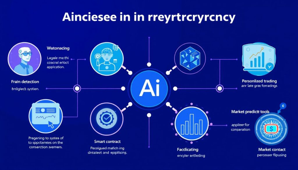 Illustration showing various practical applications of AI in cryptocurrency including fraud detection, personalized trading, and smart contract optimization Illustration showing various practical applications of AI in cryptocurrency including fraud detection, personalized trading, and smart contract optimization