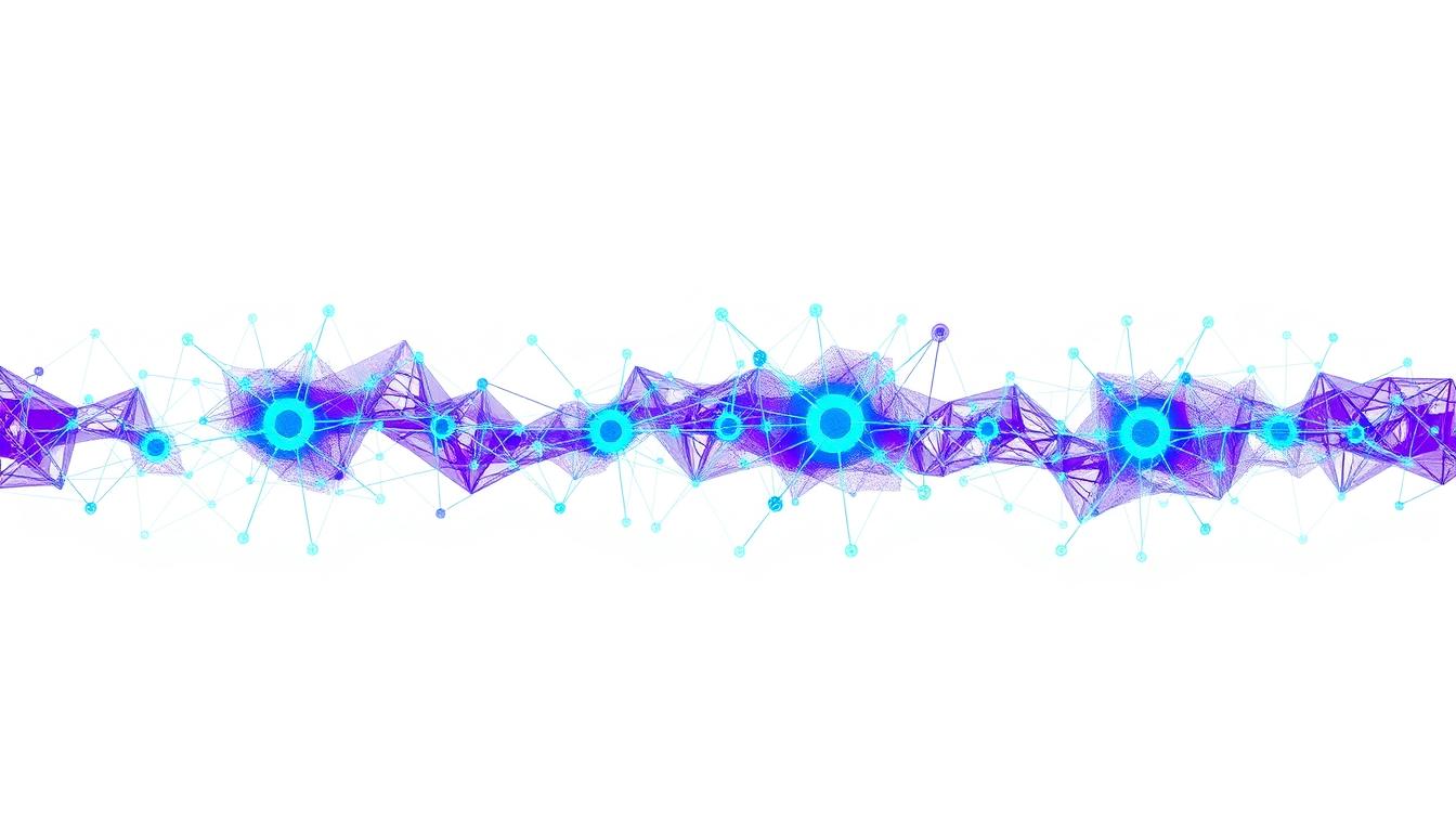 Visual representation of AI analyzing blockchain data with neural network connections overlaid on blockchain structure