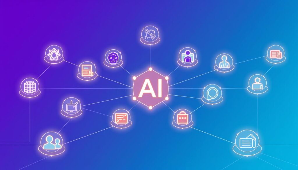 Visualization of a decentralized AI marketplace showing various AI services connected through blockchain Visualization of a decentralized AI marketplace showing various AI services connected through blockchain