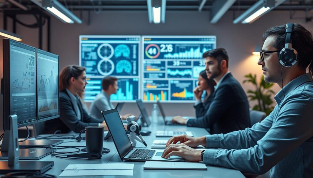 Workers collaborating with AI systems in a modern workplace environment Workers collaborating with AI systems in a modern workplace environment