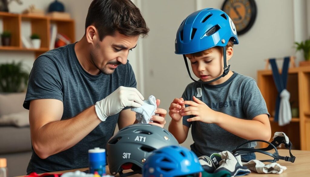 Parent and child inspecting and cleaning sports safety equipment