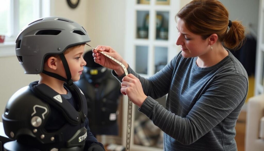Parent measuring child for proper sports safety gear fitting