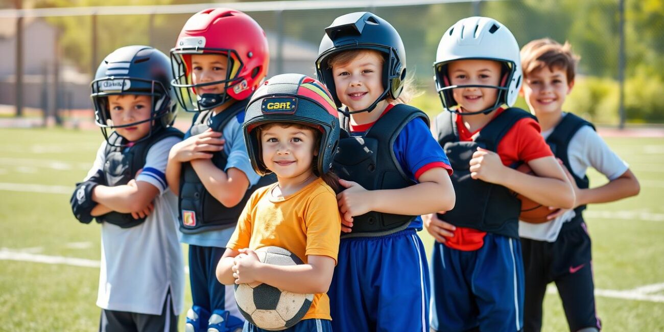 Young athletes wearing various types of protective gear for different sports