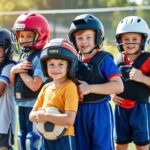 Young athletes wearing various types of protective gear for different sports