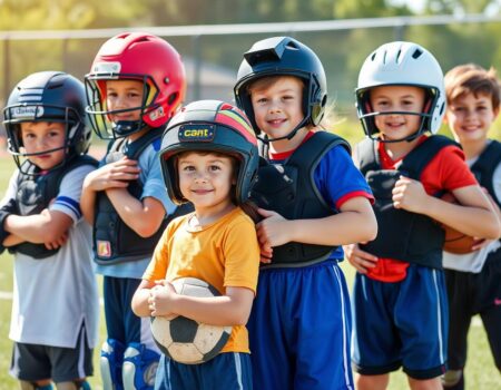 Young athletes wearing various types of protective gear for different sports