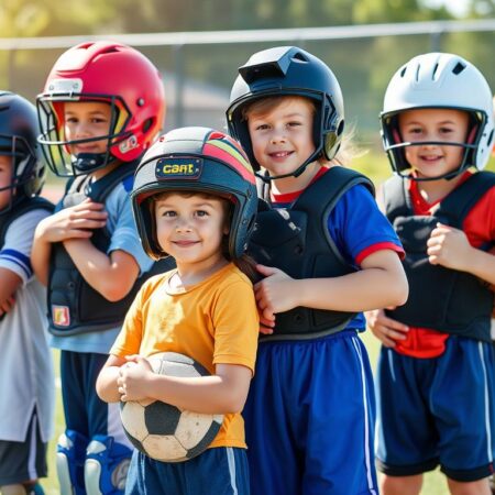 Young athletes wearing various types of protective gear for different sports